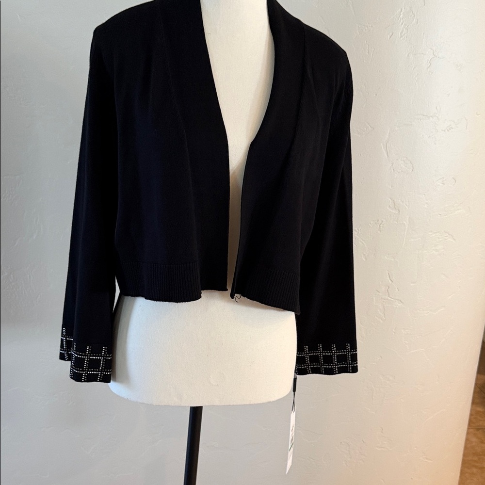 Calvin Klein Collection Black Cropped Open Front Cardigan with Embellished Cuffs